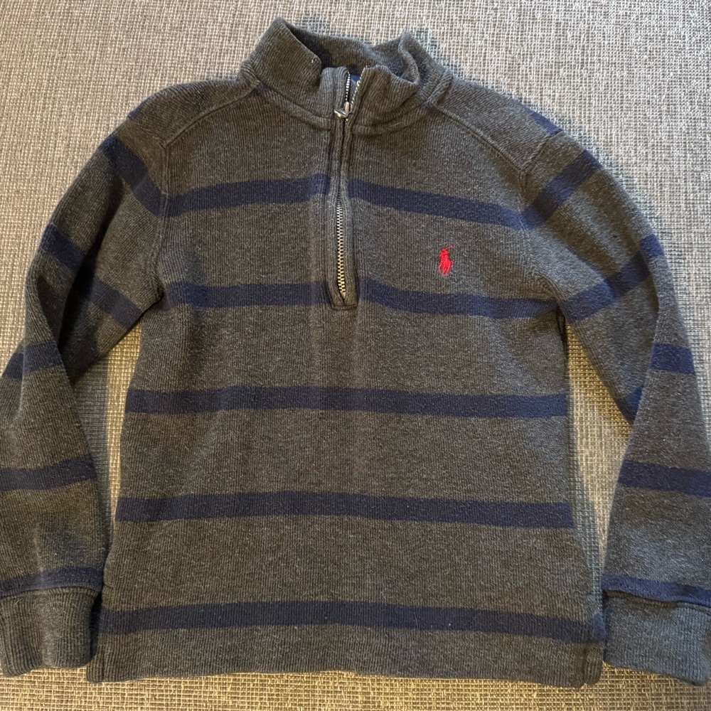 Ralph Lauren striped quarter-zip pullover sweater in a gray and blue